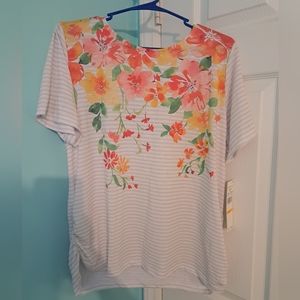 ALFRED DUNNER Tan Striped Floral Crew Neck Short Sleeve Top size S